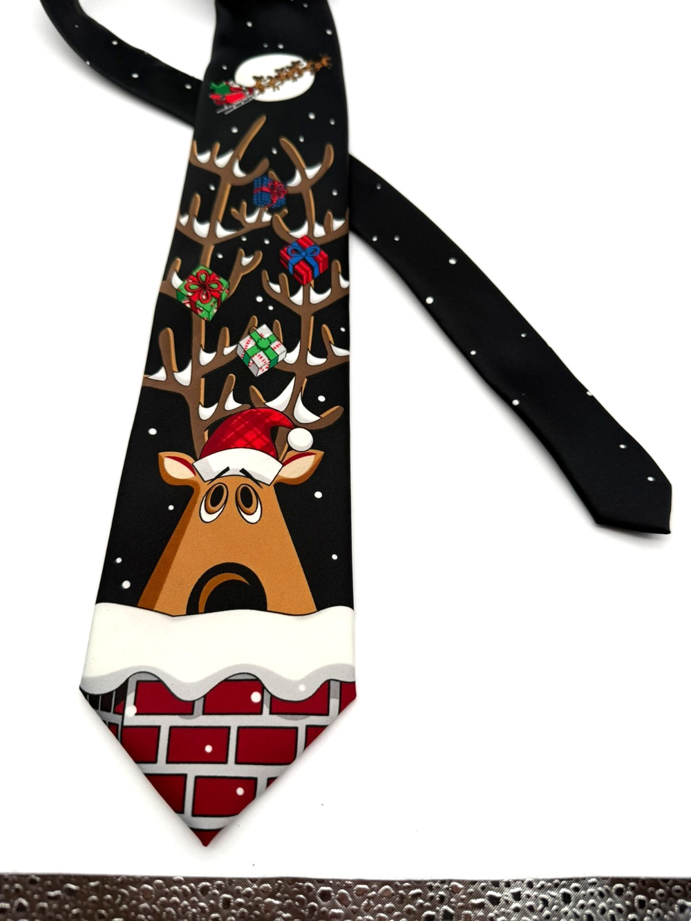 Hallmark Yule Tie Greetings Christmas Reindeer Chimney Black Mens Necktie 58" 4"